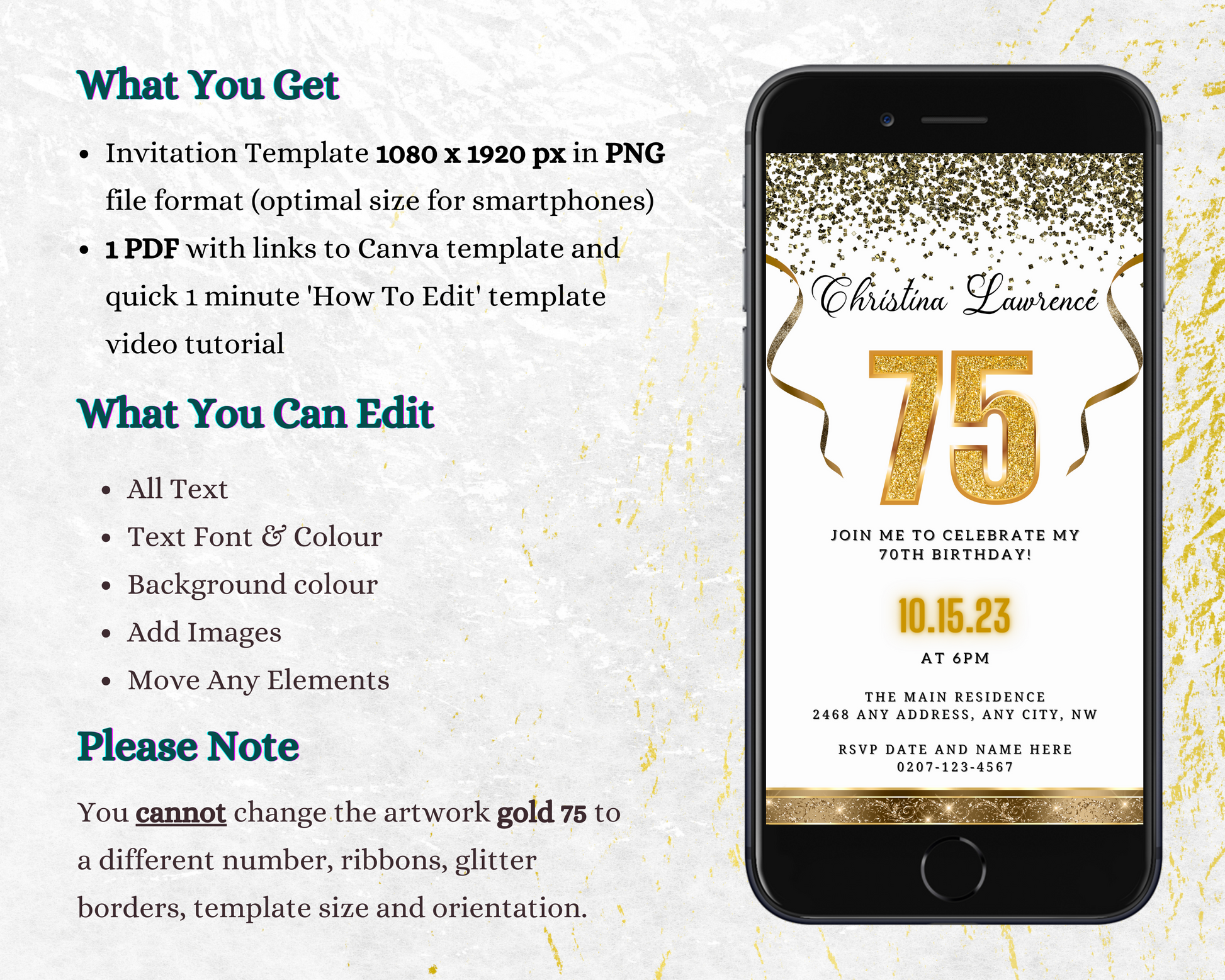 Customisable White Gold Confetti 75th Birthday Evite displayed on a smartphone screen with gold number and ribbon decorations.