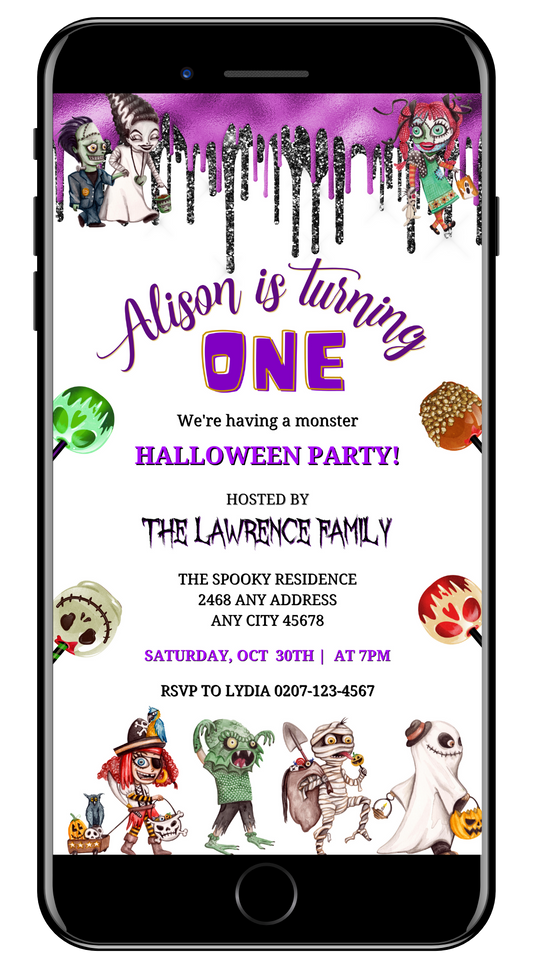 Gang of Monsters White Purple | Children's Halloween Party Evite shows cartoon monsters on a customizable digital invitation template.