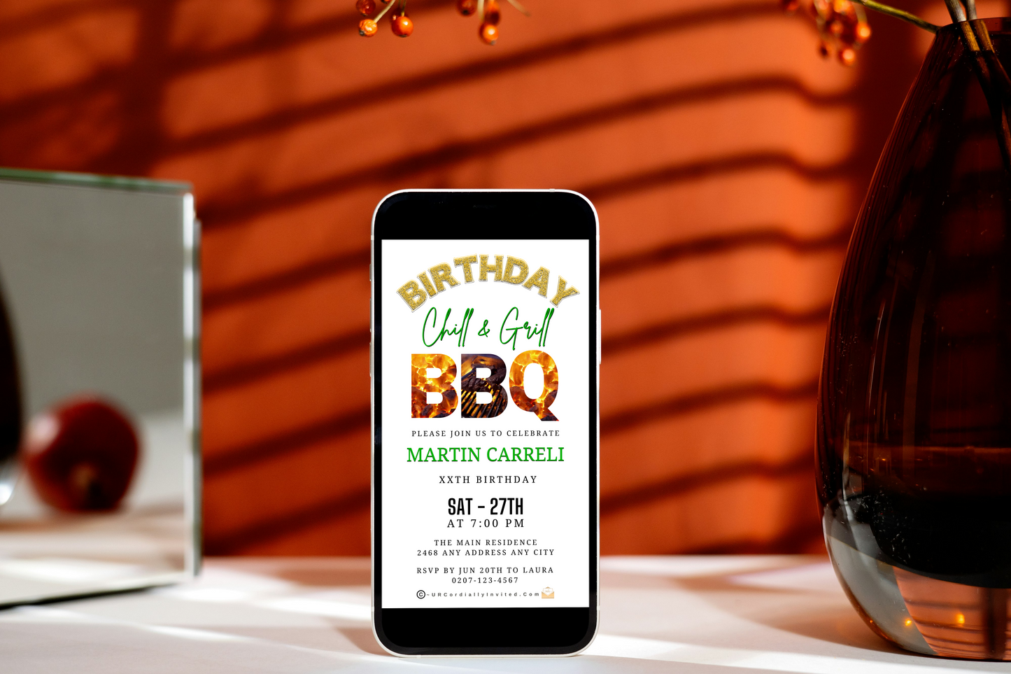 Birthday BBQ Chill & Grill Invitation on cellphone, showcasing an editable animated design for parties, customizable via Canva for easy sharing.