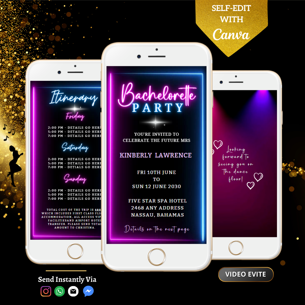 Neon Blue Pink Disco Bachelorette Video Invitation displayed on smartphones with neon lights, customizable via Canva for electronic sharing.
