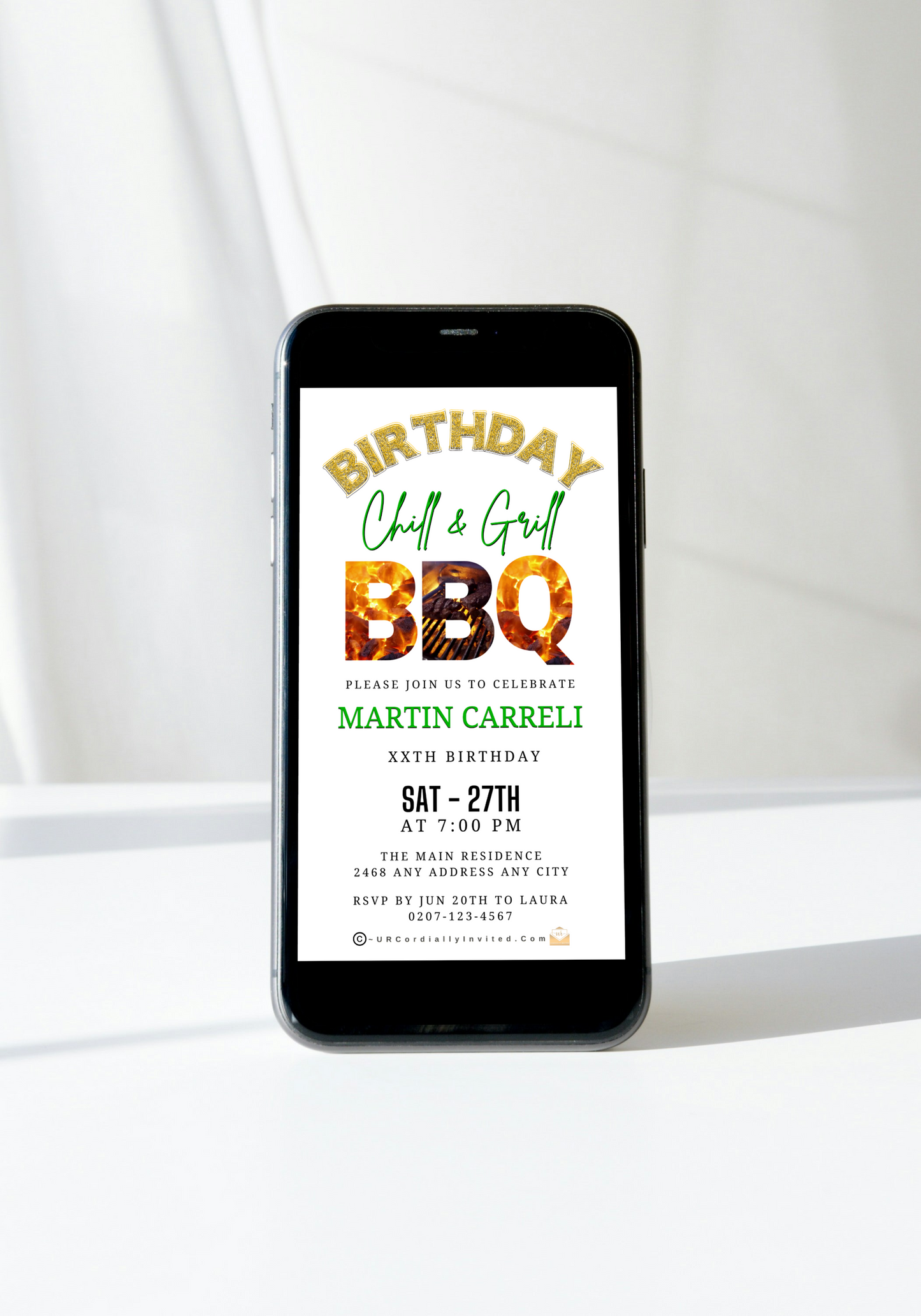 Birthday BBQ Chill & Grill Invitation – Editable Animated Design displayed on a cell phone, showcasing a digital birthday invitation template for personalization via Canva.