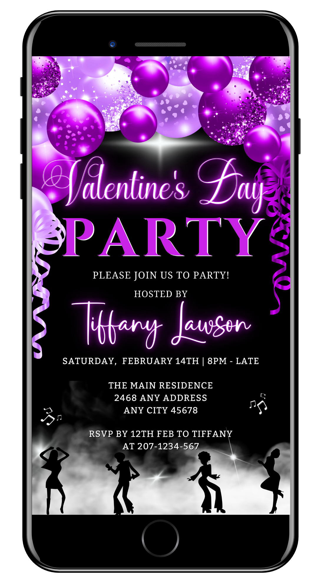 Smoking Dancers Neon Purple Valentines Party Evite with dancing silhouettes, editable via Canva for smartphone.