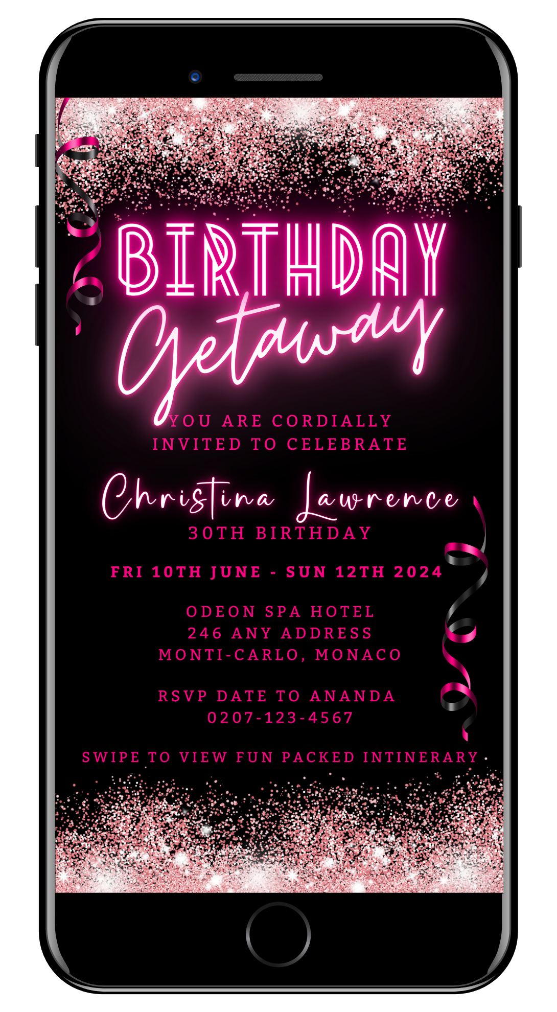 Neon Pink Glitter Confetti Birthday Getaway Party Evite showcasing customizable text for digital invitations via Canva. Download and personalize for easy electronic sharing.