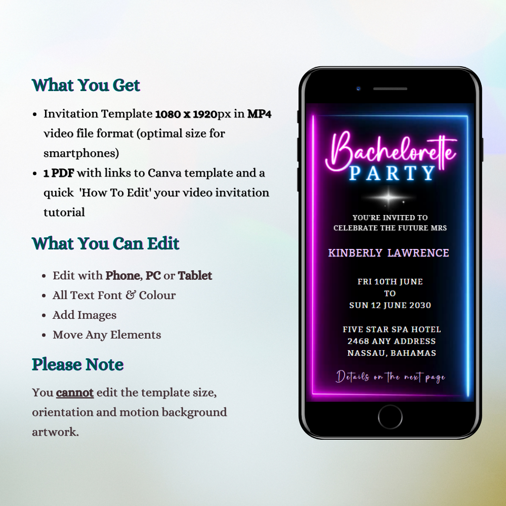 Neon Blue Pink Disco Bachelorette Video Invitation displayed on a smartphone screen, showcasing customizable text and neon design elements for digital event invites.