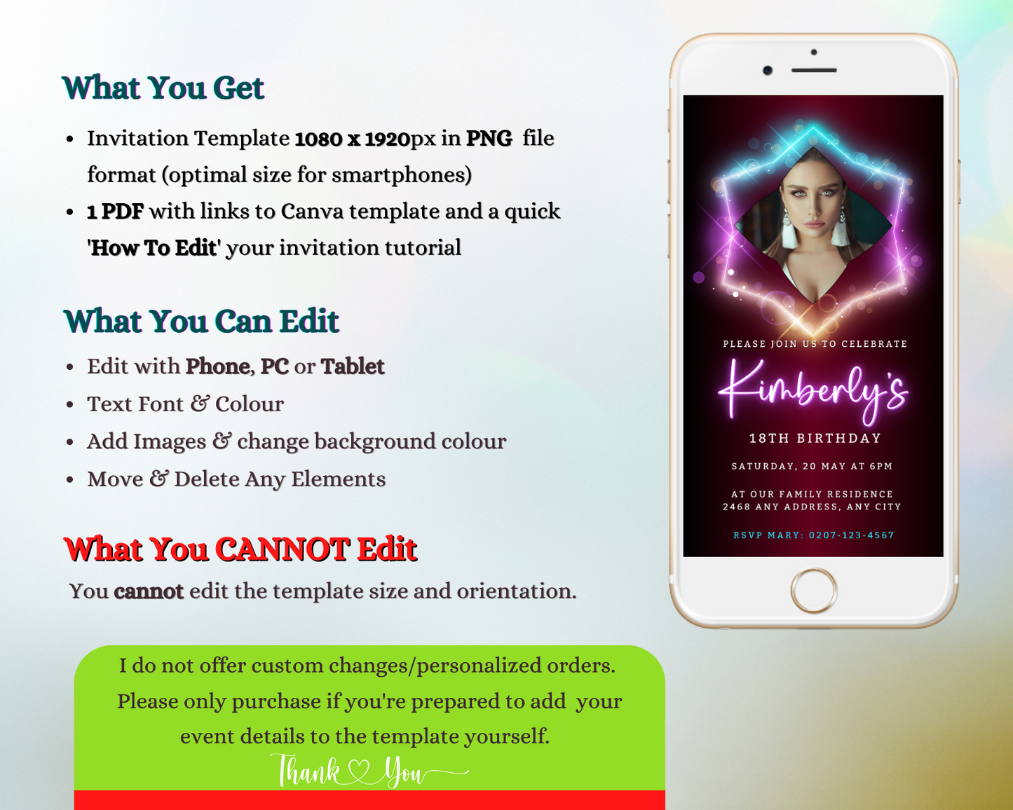 White smartphone displaying an Elegant Neon Maroon Pink Birthday Party Evite template with a woman's photo, customizable for events using Canva.