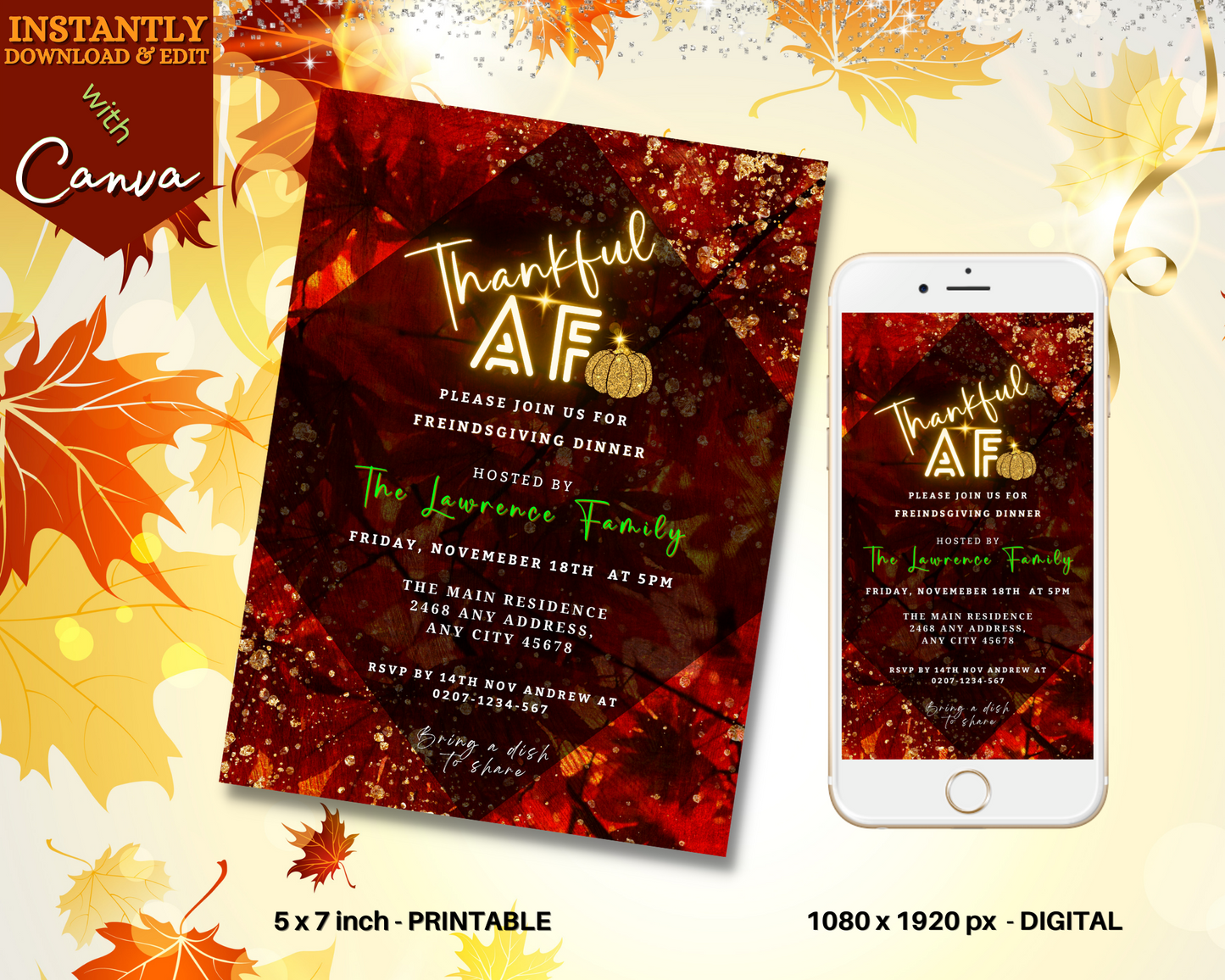 Rustic Red Gold Leafy | Thankful AF Thanksgiving Evite template displayed on a phone next to a matching red and gold invitation poster.