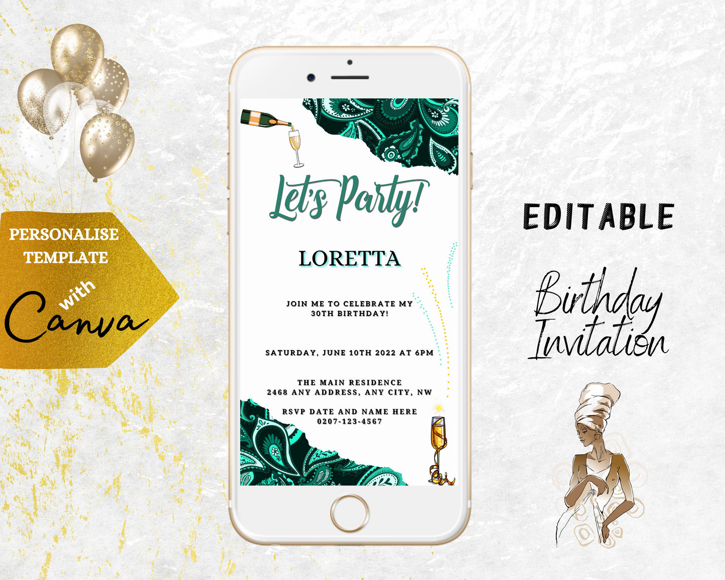 White cellphone displaying an African Ankara White Teal customisable party evite template with green and gold design, ready for DIY personalisation via Canva.
