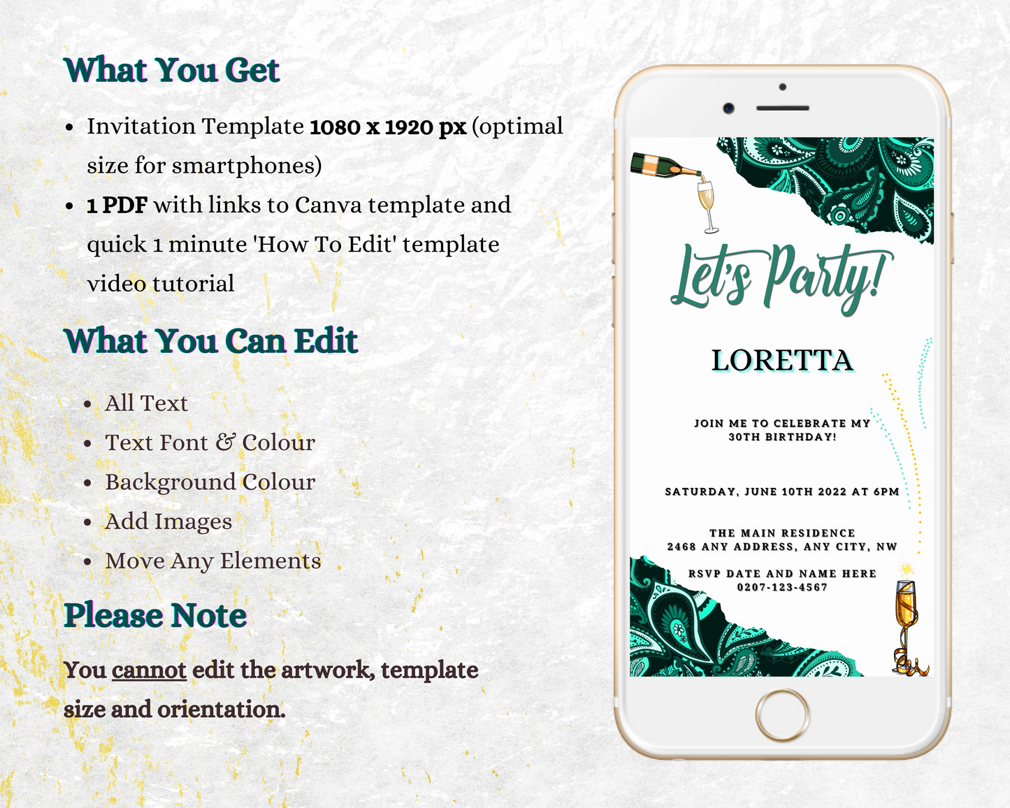 African Ankara White Teal Customisable Party Evite displayed on a smartphone screen, showcasing editable text and images for digital invitations.