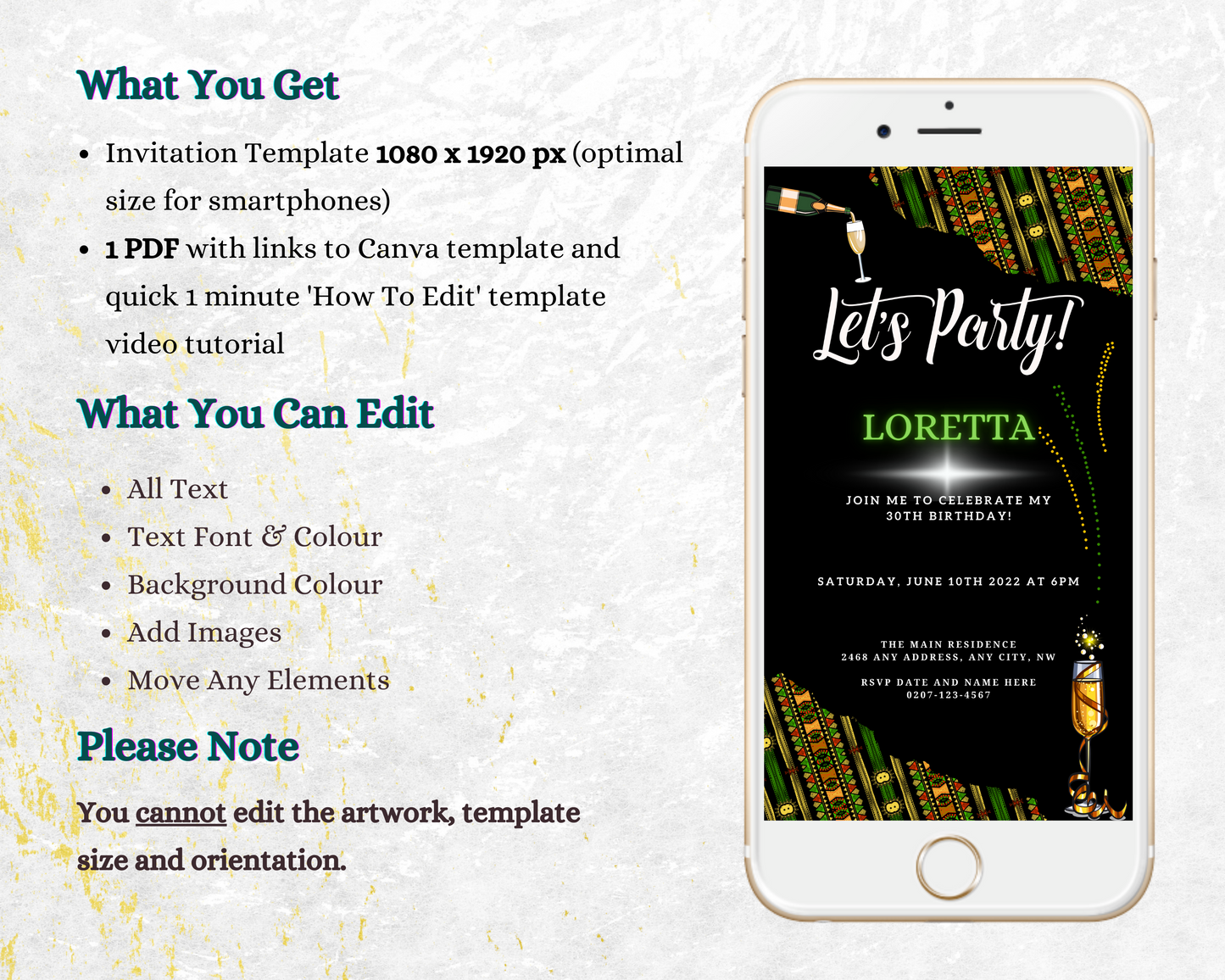 Smartphone displaying a customizable digital invitation template for an African-themed party, available for editing and sharing via Canva.
