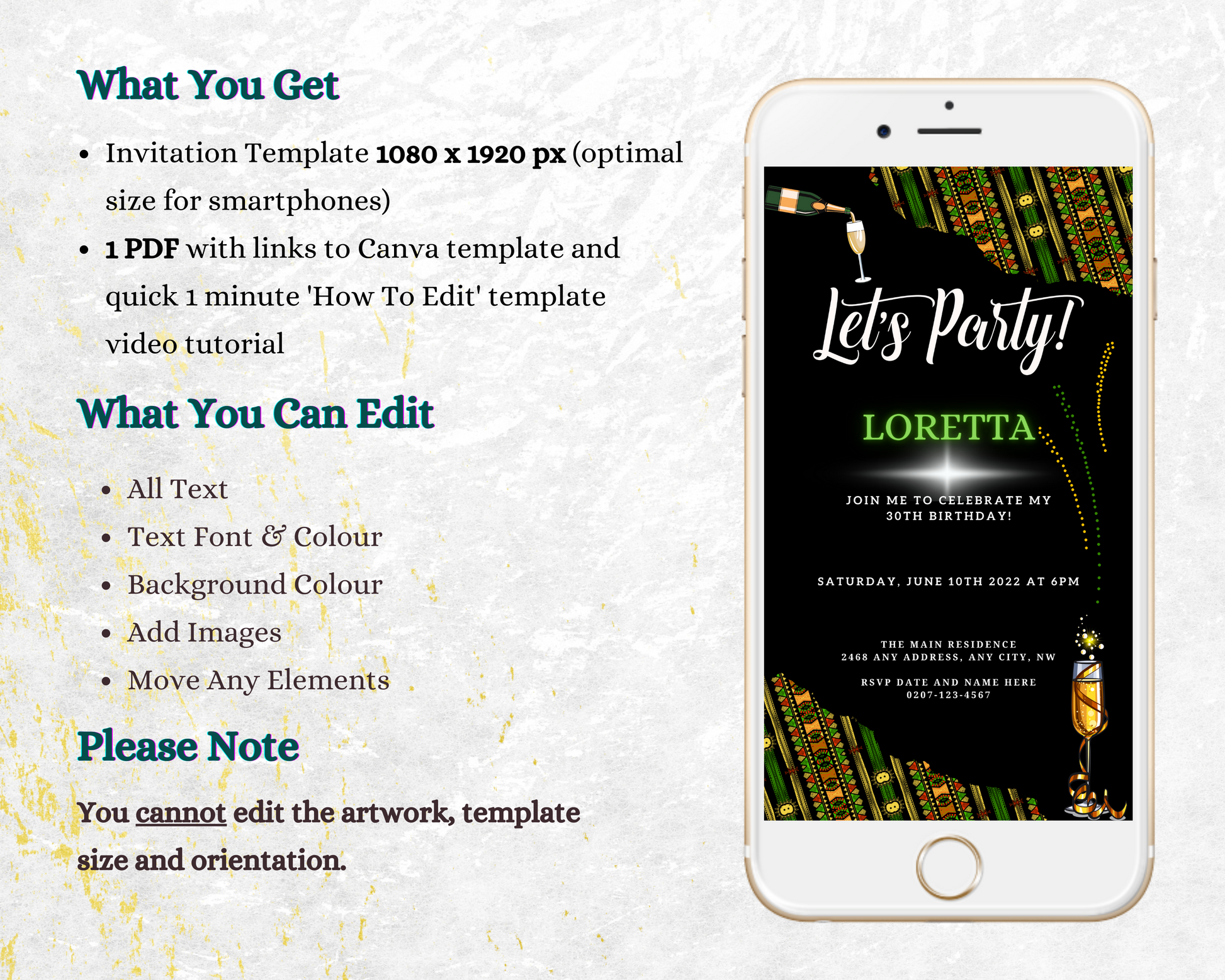 Smartphone displaying a customizable digital invitation template for an African-themed party, available for editing and sharing via Canva.