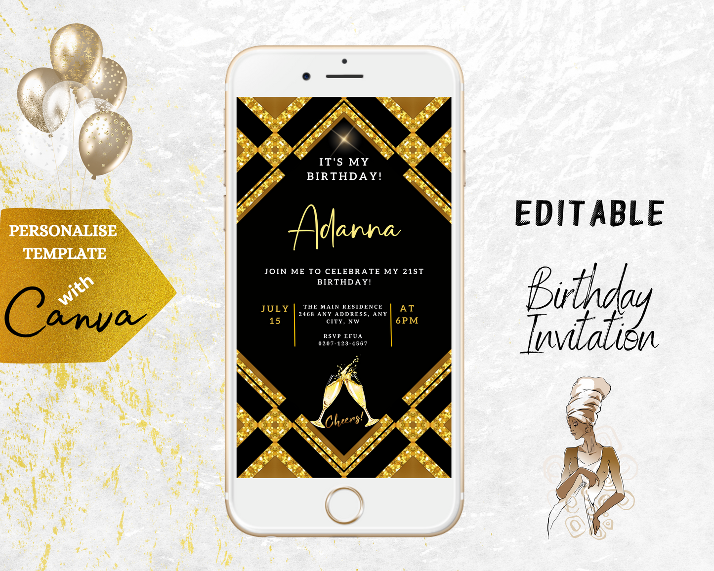 Customisable Gold Black Sparkle Birthday Evite displayed on a white cell phone, ready to be edited and shared digitally via text, email, or messaging apps.