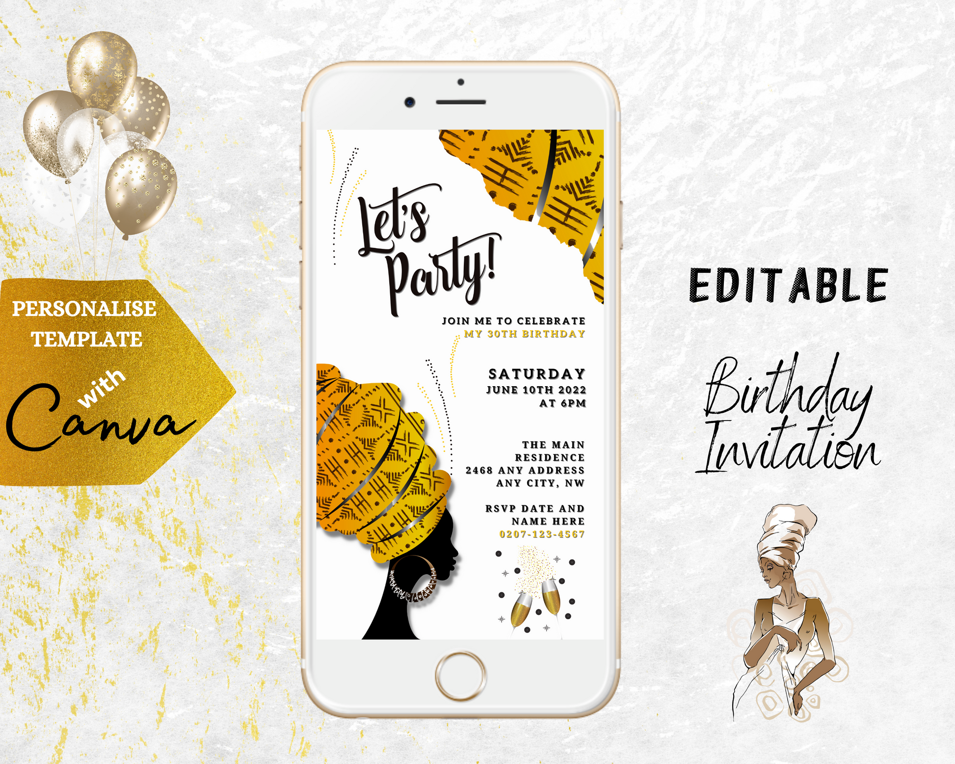 White cell phone displaying a customizable White Yellow Ankara African Woman Silhouette Editable Party Evite with text and design elements.