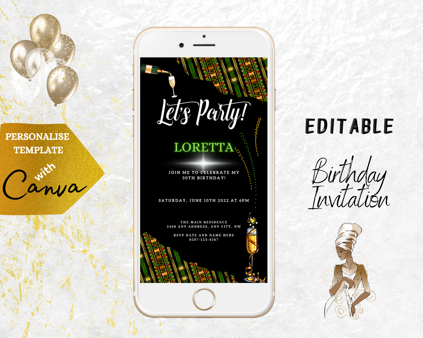 Editable Digital Green Black African Ankara Let's Party Evite for smartphones, showing a customizable invitation template for events, available for instant download and personalization via Canva.