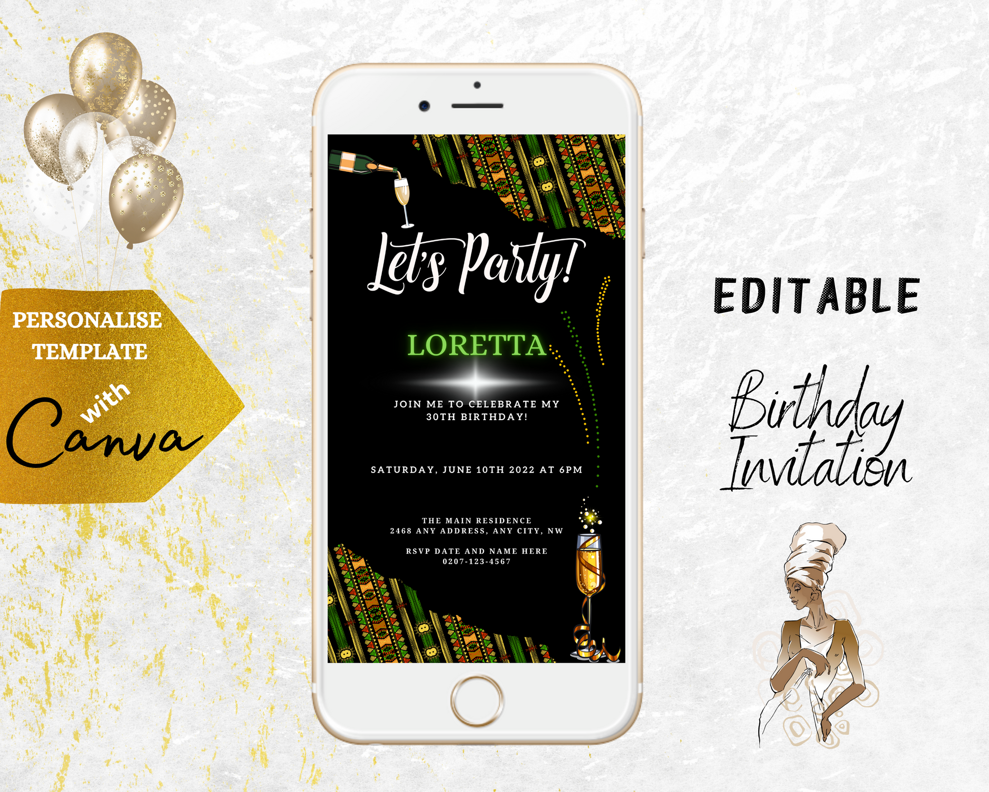 Editable Digital Green Black African Ankara Let's Party Evite for smartphones, showing a customizable invitation template for events, available for instant download and personalization via Canva.