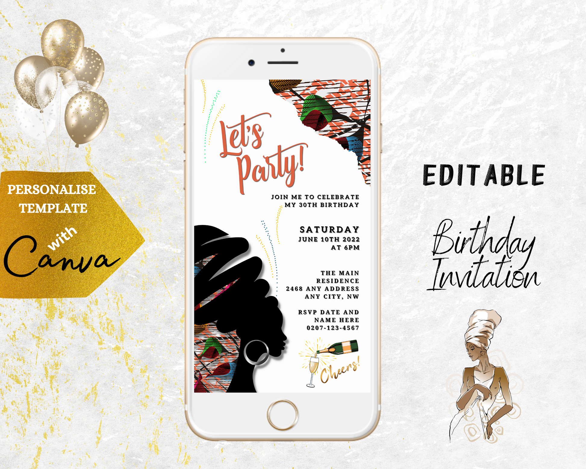 White cell phone displaying a customizable digital party invitation with a white screen and gold balloons.