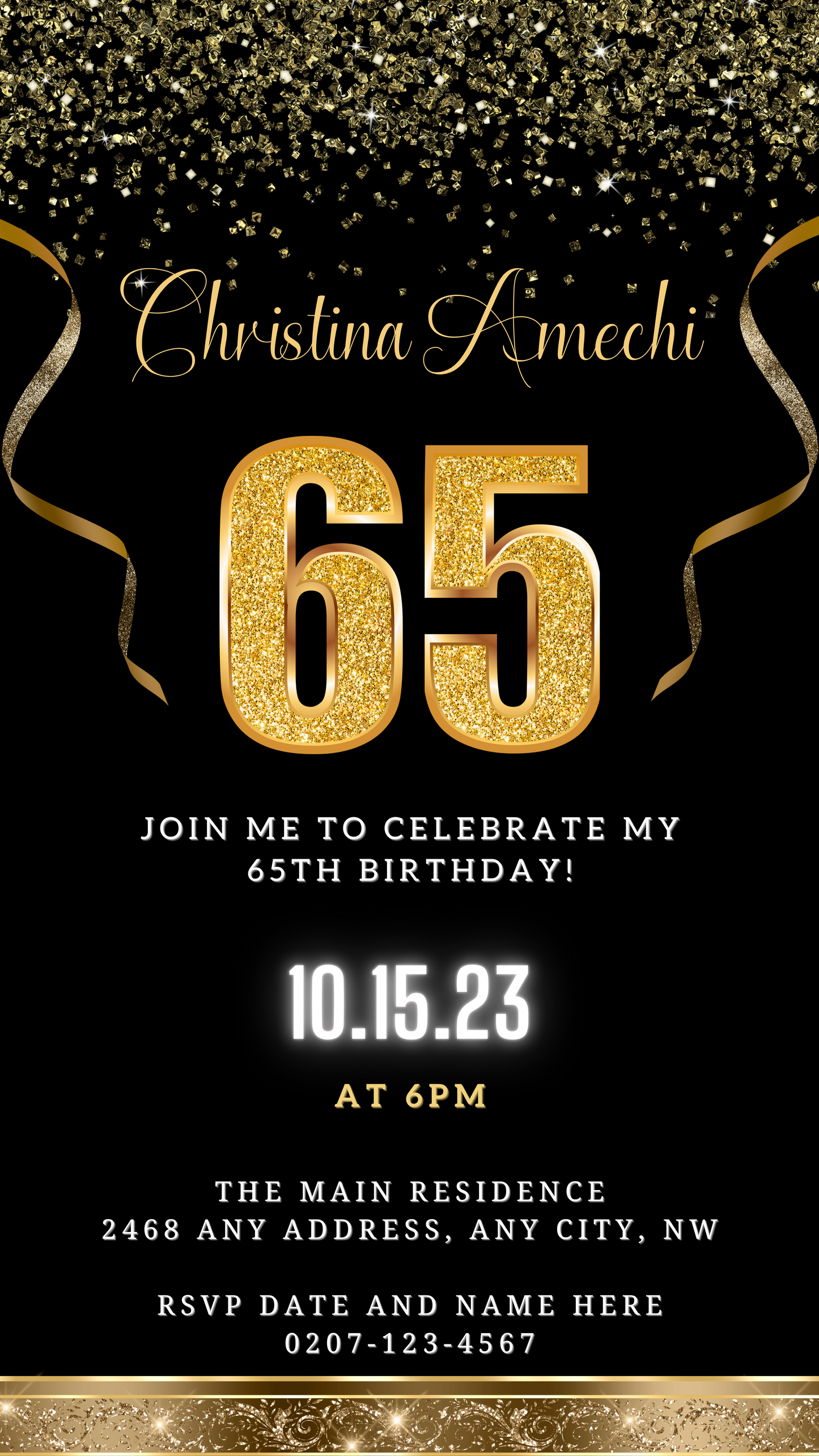Black Gold Confetti 65th Birthday Evite featuring customizable gold text and ribbons on a black background, designed for easy editing and sharing via smartphone.
