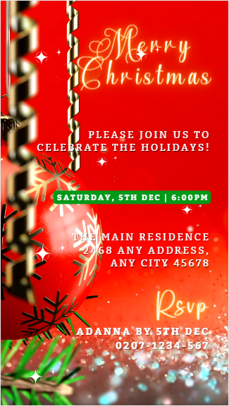 Red Gold Ornament Glitter Christmas Video Invitation Template for smartphone, editable via Canva, featuring a red and gold festive design for digital event invites.