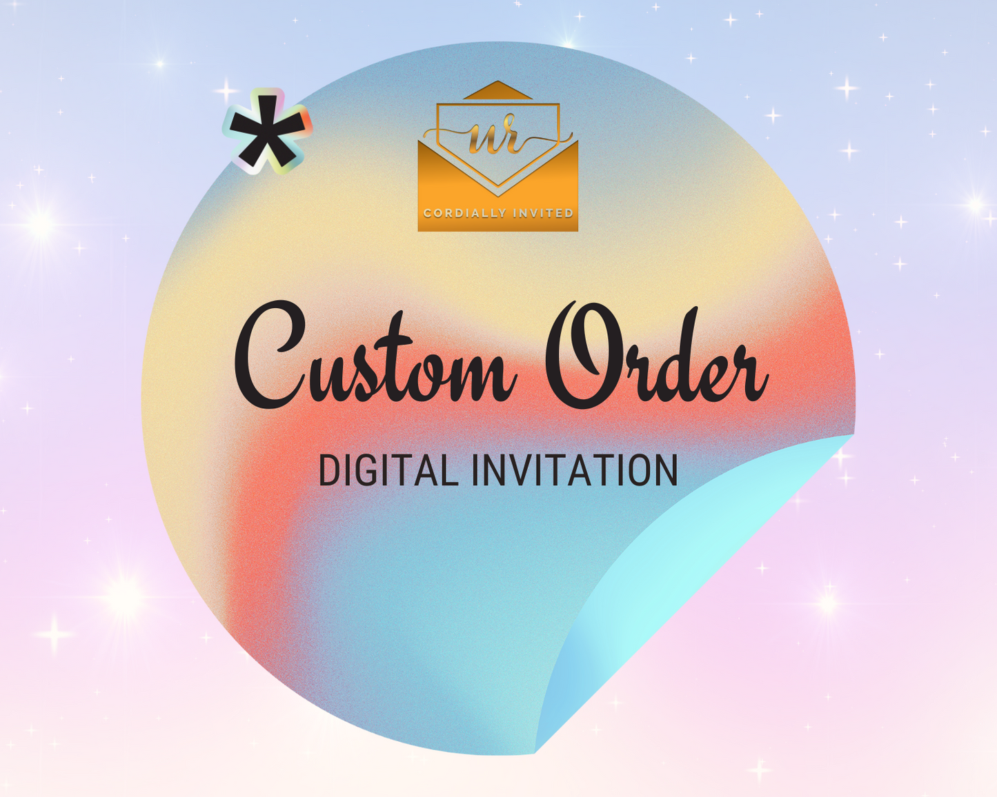Promotional graphic for “Custom Birthday Video Invitation” service by URCordiallyInvited, featuring a multicolor circle, script text, and a golden envelope icon.