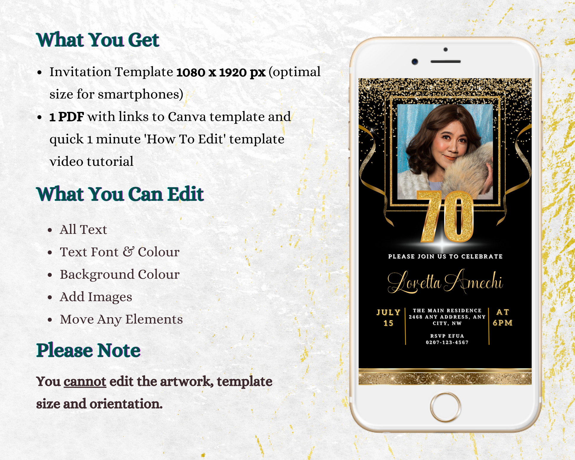 Black Gold Confetti 70th Birthday Evite displayed on a smartphone screen, showing a customizable photo invitation template with a woman holding a furry animal.
