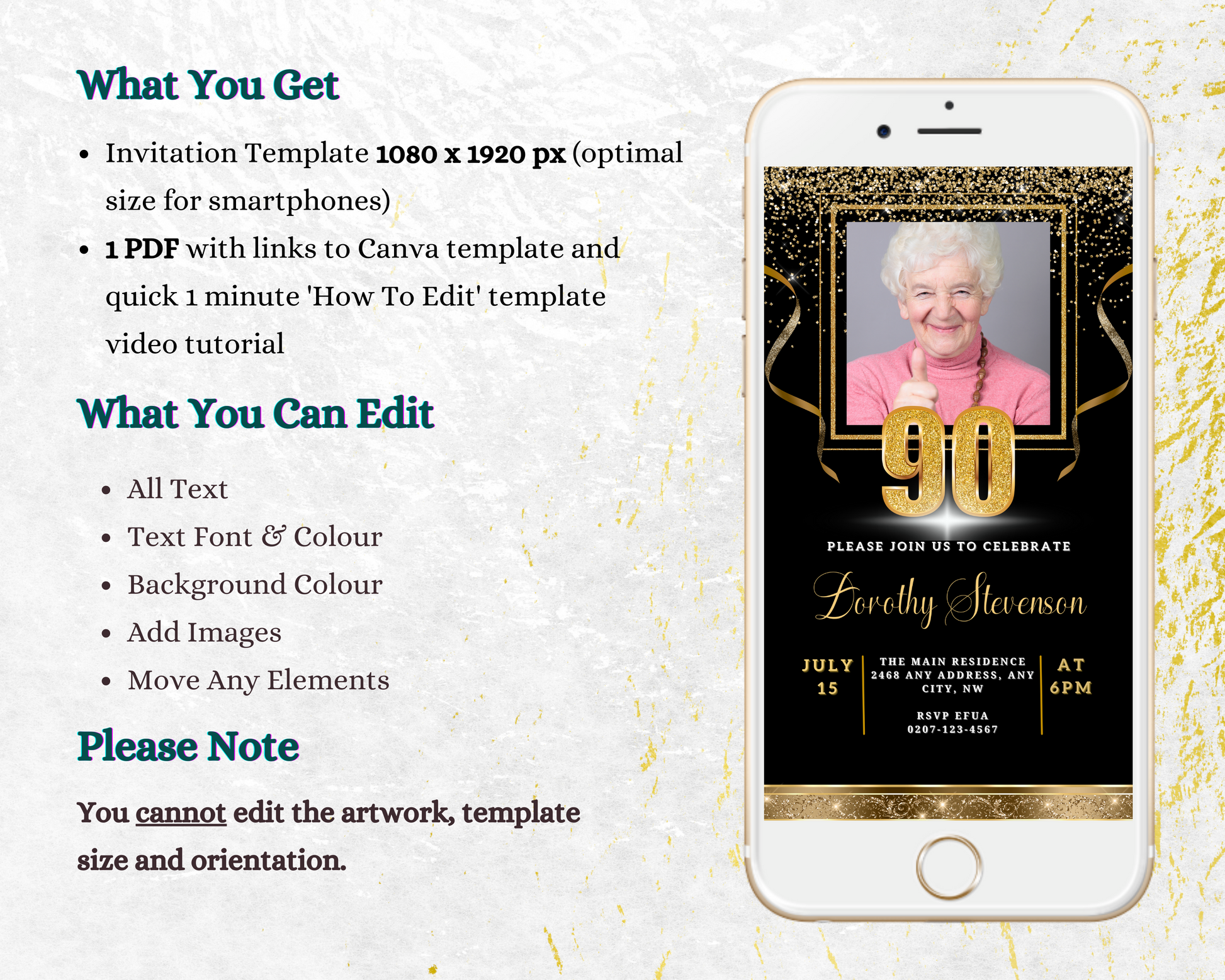 Customizable Digital Black Gold Confetti 90th Birthday Evite displayed on a smartphone screen, featuring a woman smiling and giving a thumbs up.