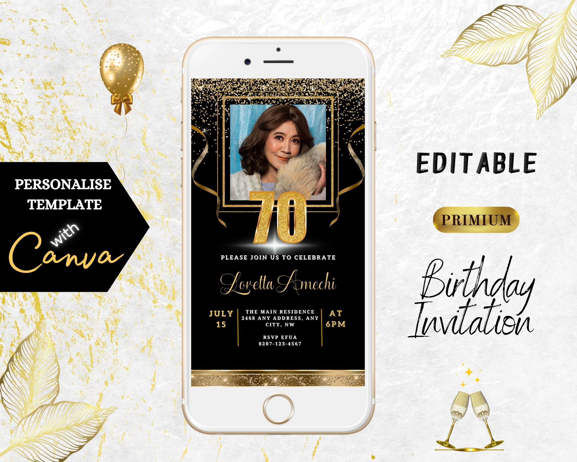 Black Gold Confetti 70th Birthday Evite on smartphone screen, featuring a customizable photo of a woman, ideal for digital invitations via Canva.