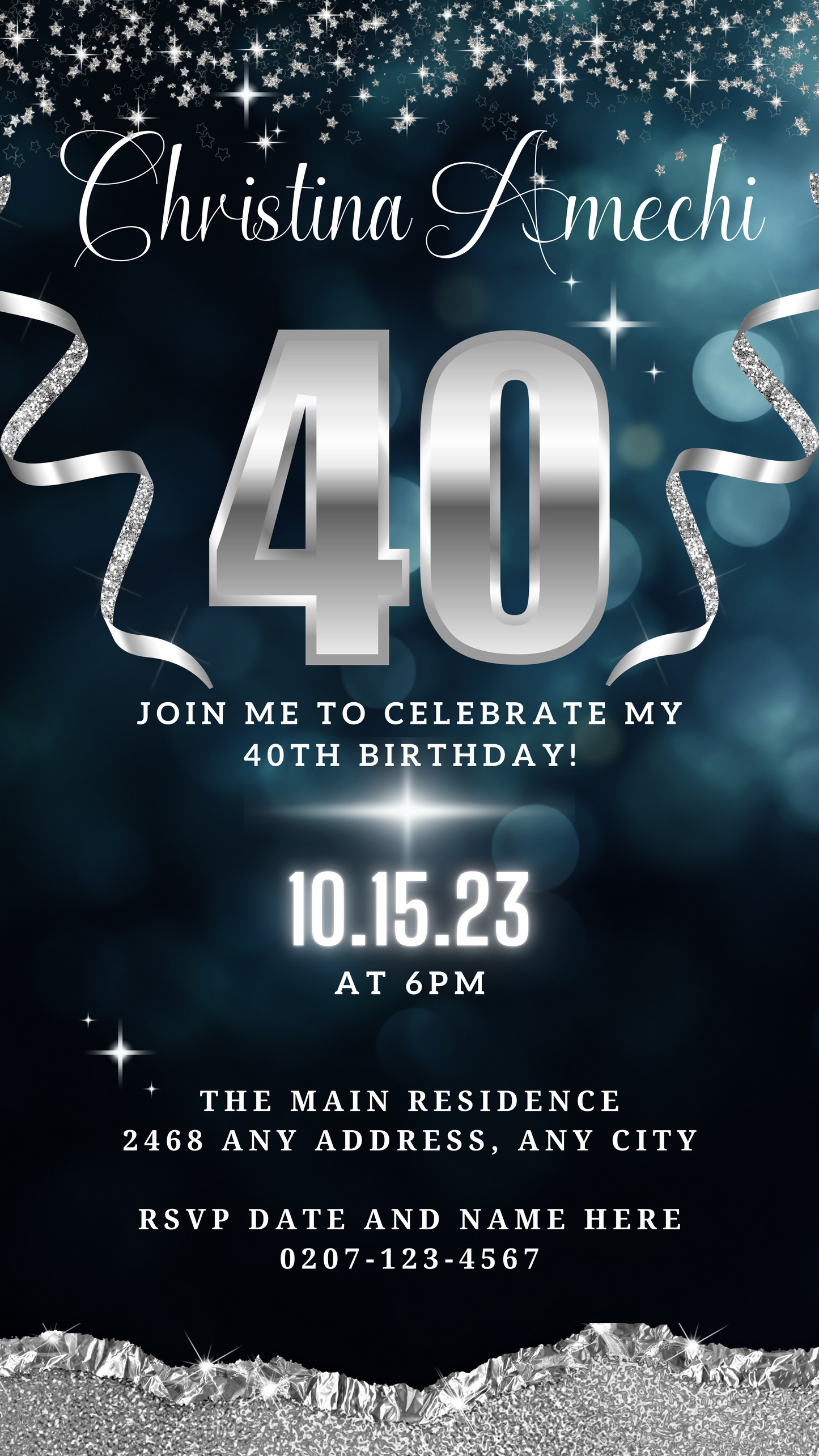 Customizable Navy Blue Silver Glitter 40th Birthday Evite, showcasing a silver number and ribbons on a blue background, designed for easy personalization with Canva.