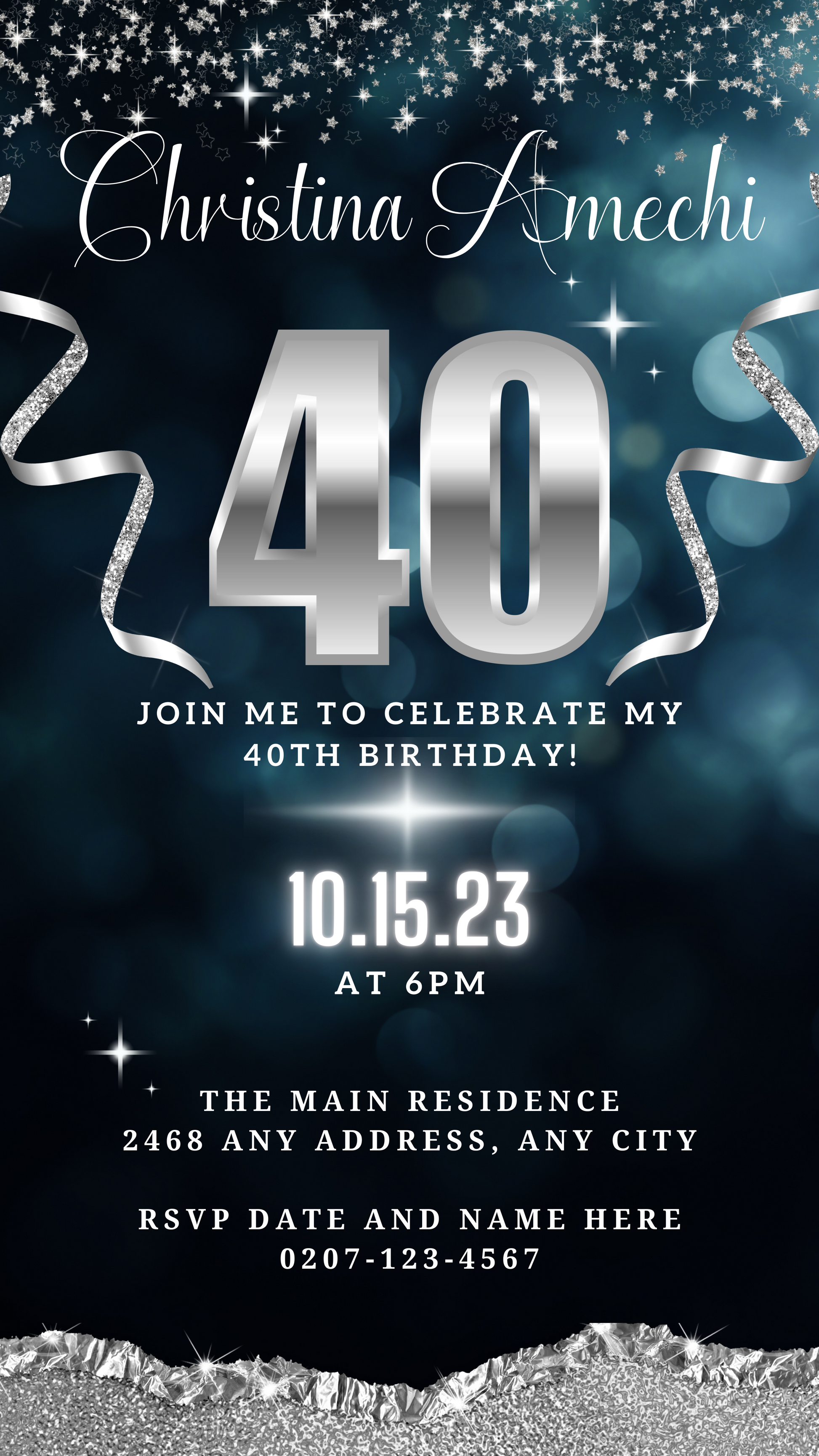 Customizable Navy Blue Silver Glitter 40th Birthday Evite, showcasing a silver number and ribbons on a blue background, designed for easy personalization with Canva.