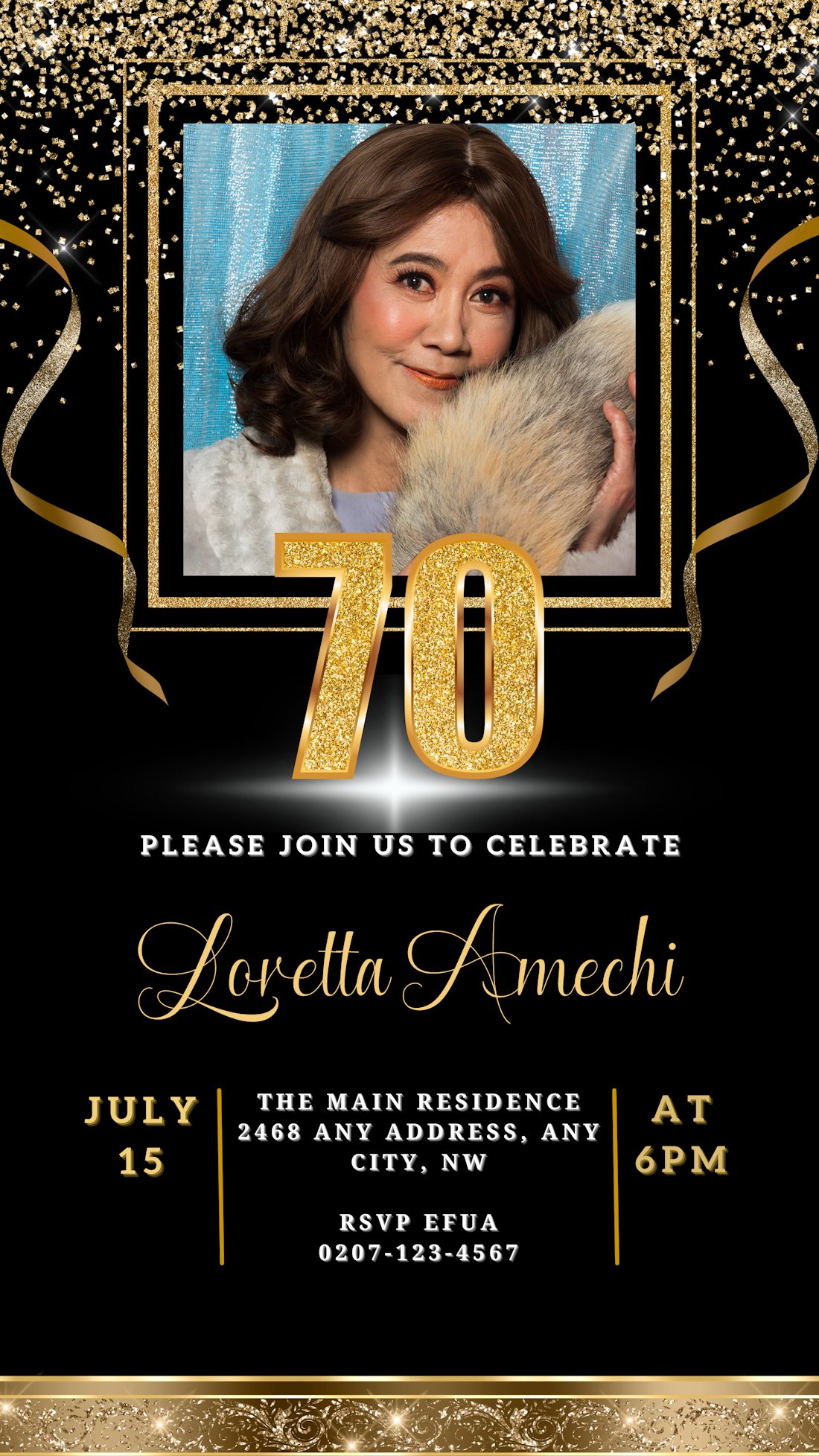 Black Gold Confetti W/Photo | 70th Birthday Evite featuring a woman holding a furry fox, customizable via Canva, ideal for digital invitations.