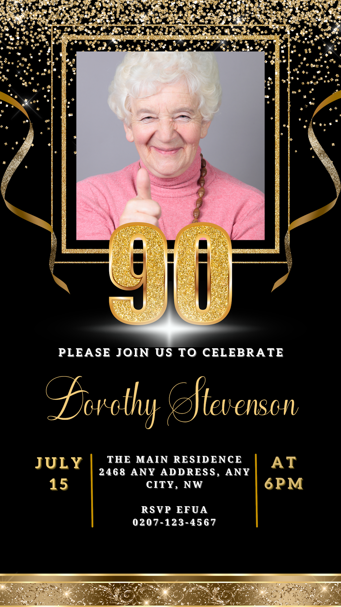 Woman smiling and giving a thumbs up, showcasing the customizable Black Gold Confetti W/Photo | 90th Birthday Evite template from URCordiallyInvited.
