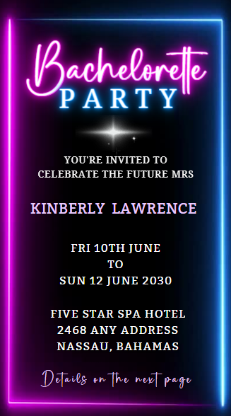 Neon Blue Pink Disco Bachelorette Video Invitation with customizable text on a vibrant neon background for digital download and editing via Canva.