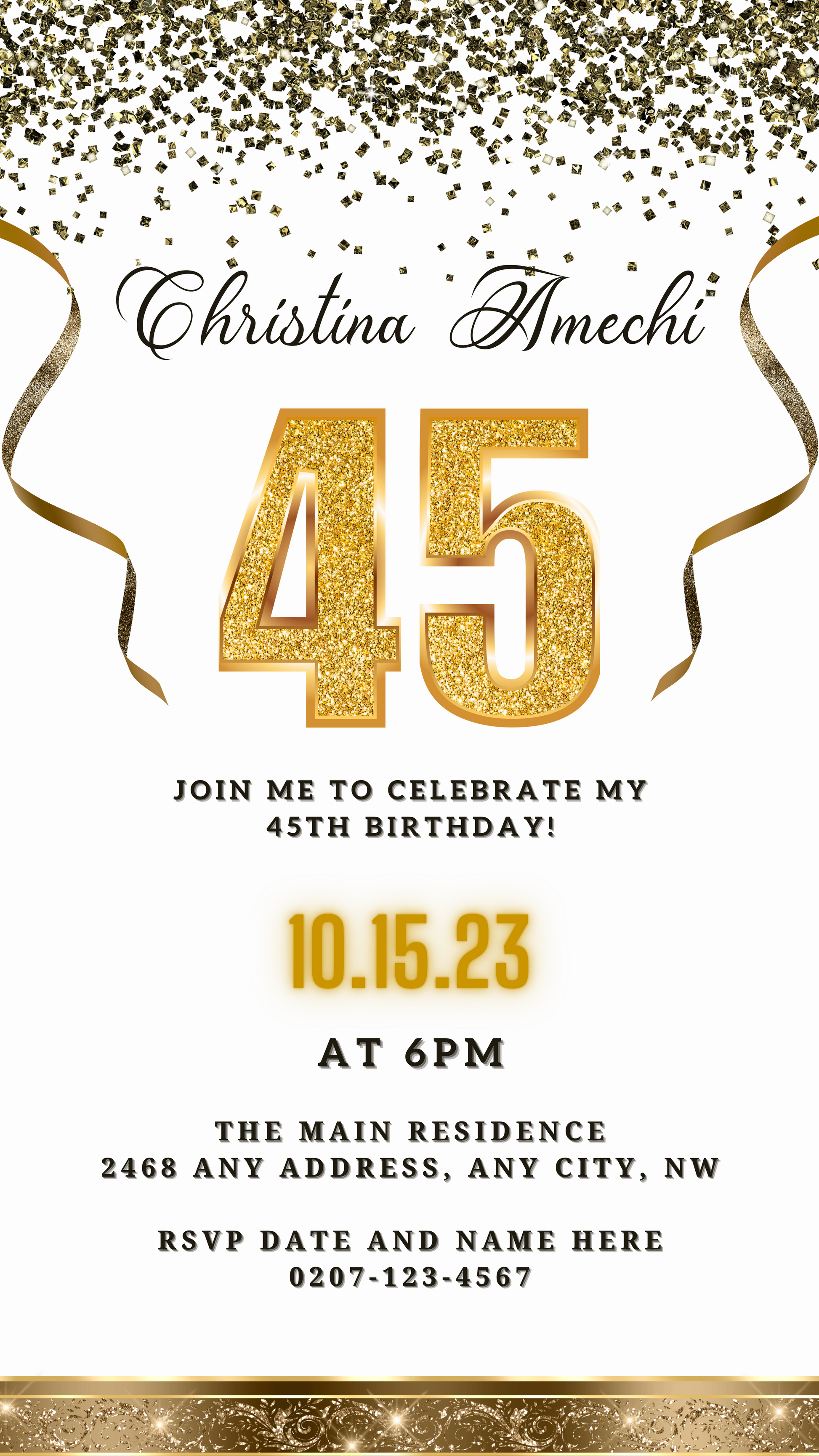 White Gold Confetti 45th Birthday Evite with customizable gold and black text, featuring gold glitter and ribbons, designed for easy personalization on Canva.