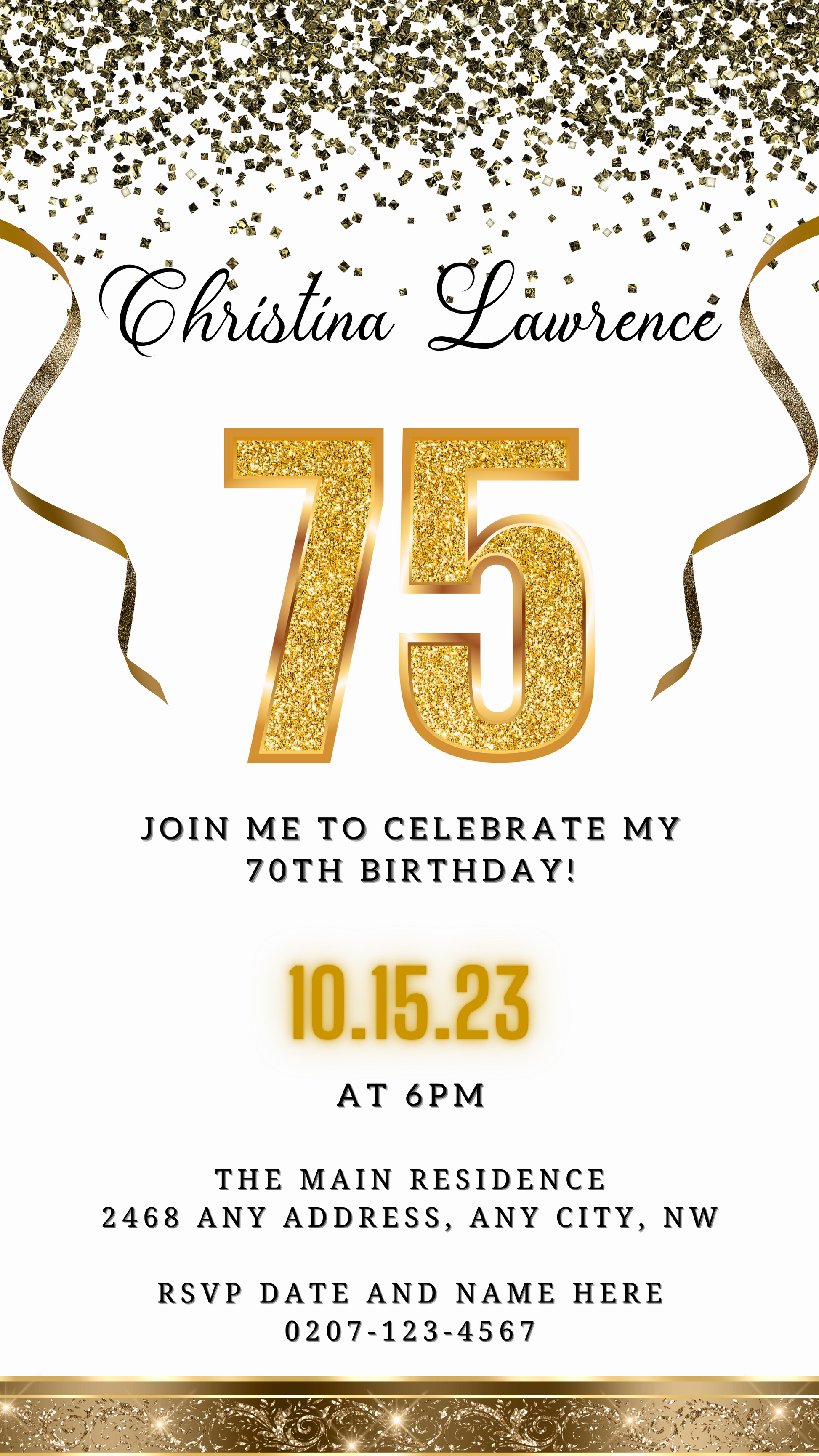 White Gold Confetti 75th Birthday Evite with customizable gold numbers and glittery ribbons on a white background, designed for easy editing and sharing digitally.