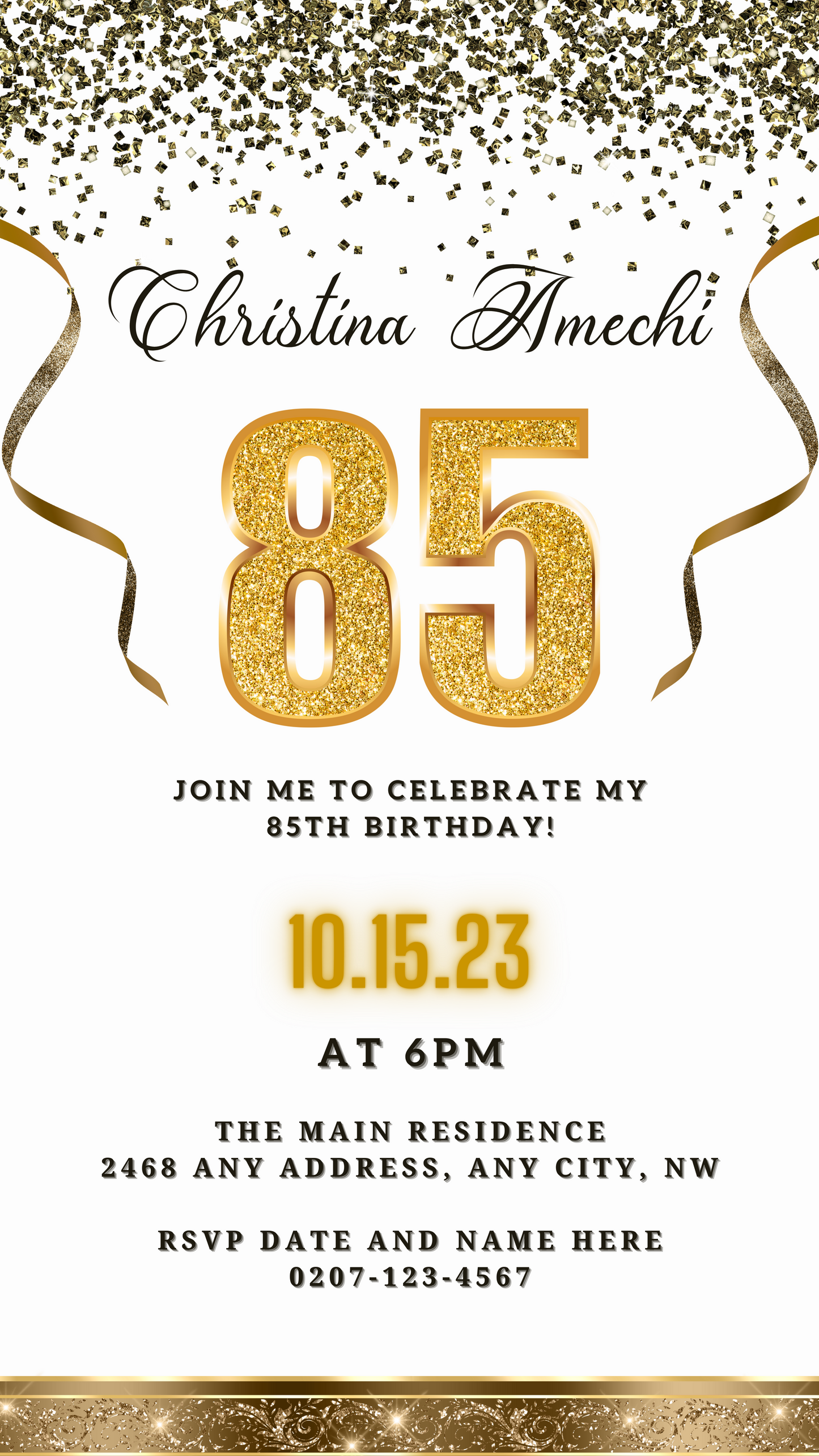 Customizable Digital White Gold Confetti 85th Birthday Evite featuring gold numbers and ribbons on a white background, ideal for personalizing and sharing via smartphone.