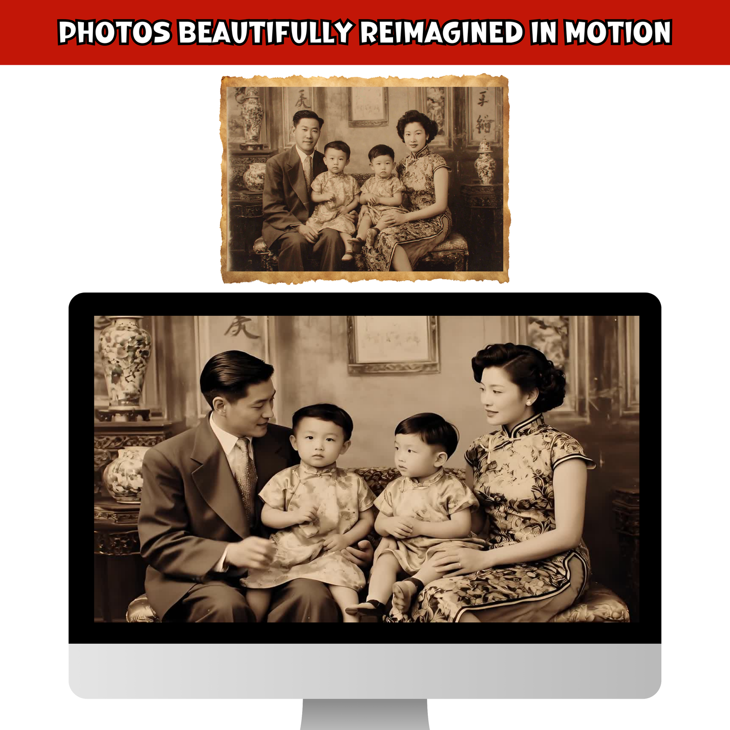 Vintage family photo reimagined on screen, showcasing Photo To Video Keepsakes Gift service by URCordiallyInvited, turning memories into animated videos.
