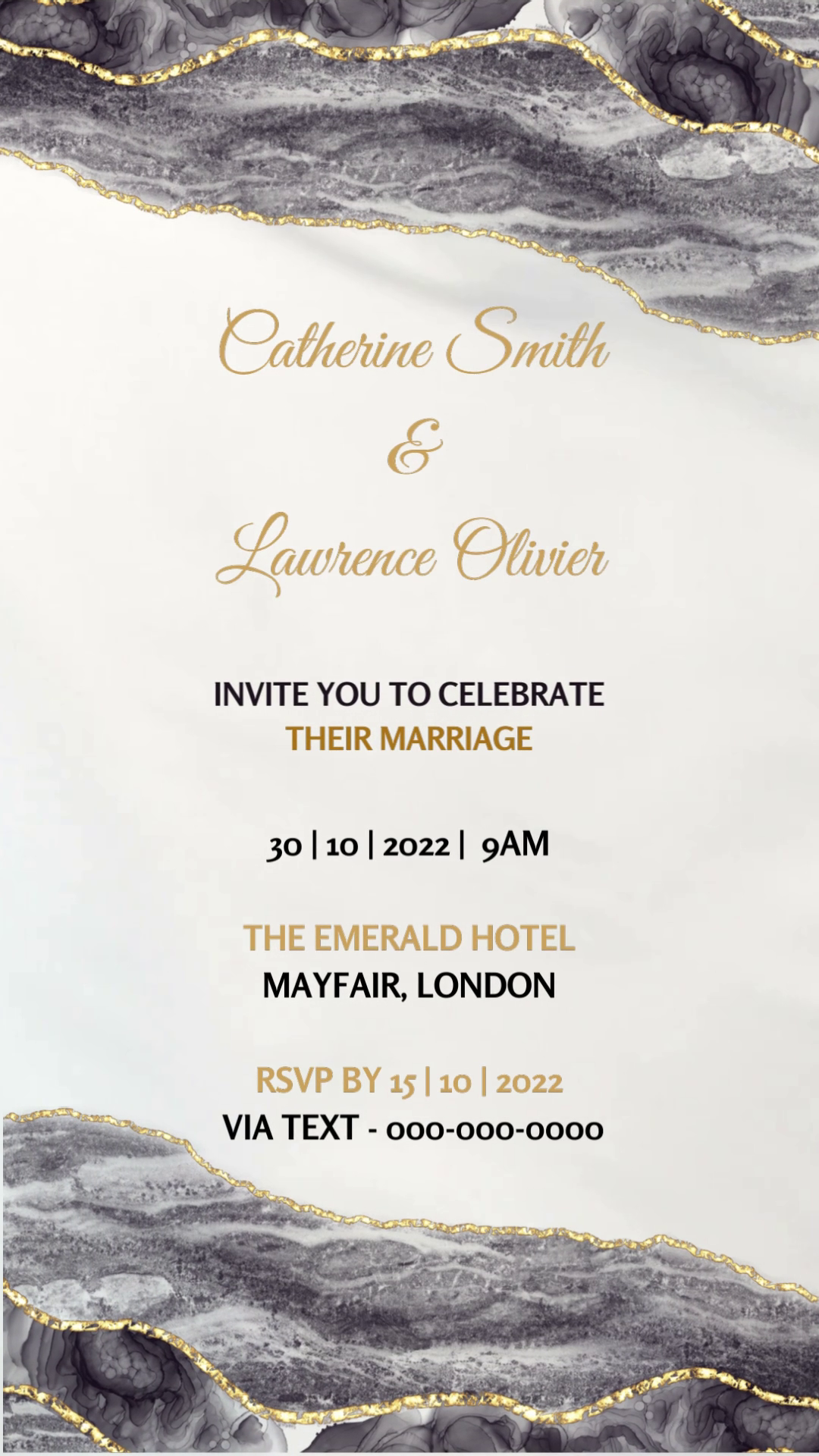 Black Gold Agate Customisable Digital Wedding Video Invitation, featuring editable text and graphics, designed for easy personalization using the Canva app.