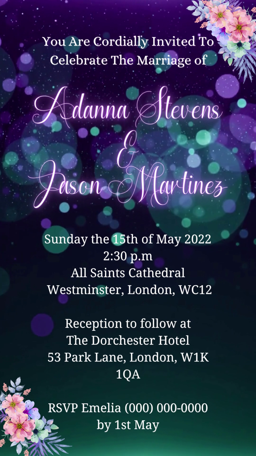Green Lilac Floral Wedding Video Invitation template customizable via Canva, featuring purple and green floral design elements. Instantly downloadable for smartphone use.