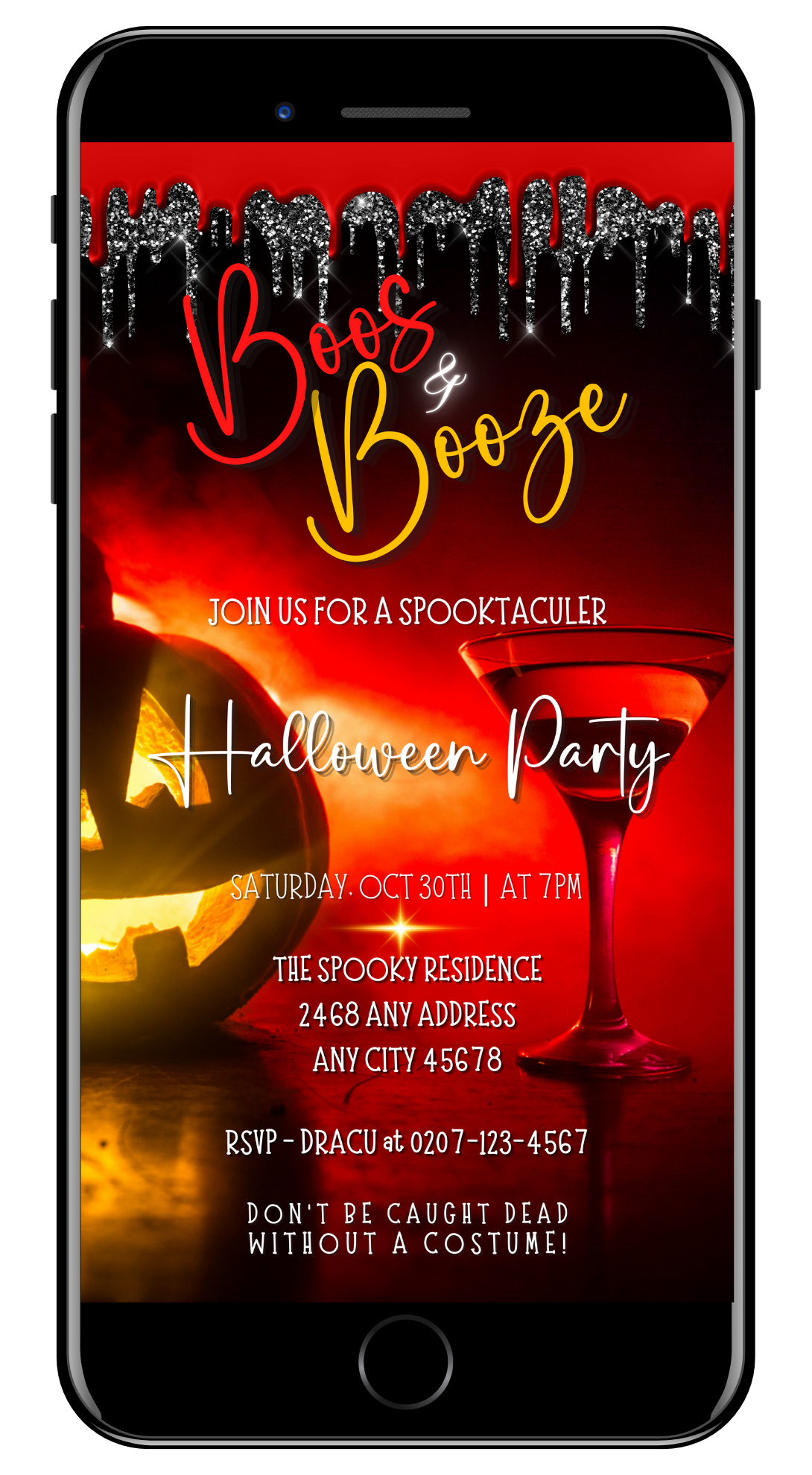 Cell phone screen displaying a Halloween-themed invitation with a carved pumpkin and a martini glass, titled BOOS & BOOZE RED HOT PUMPKIN | HALLOWEEN EVITE.