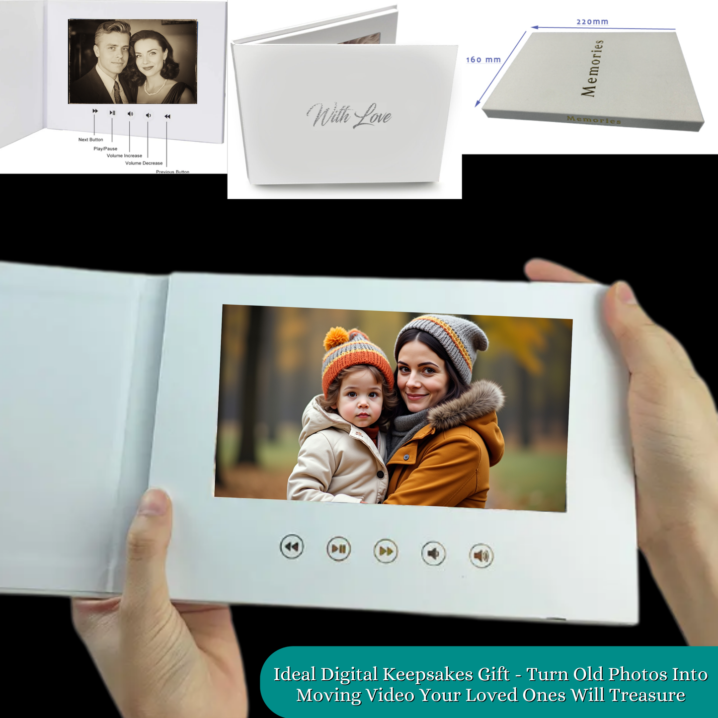 Digital keepsake book titled Memories with built-in LCD screen playing a video, ideal for transforming photos into treasured gifts.