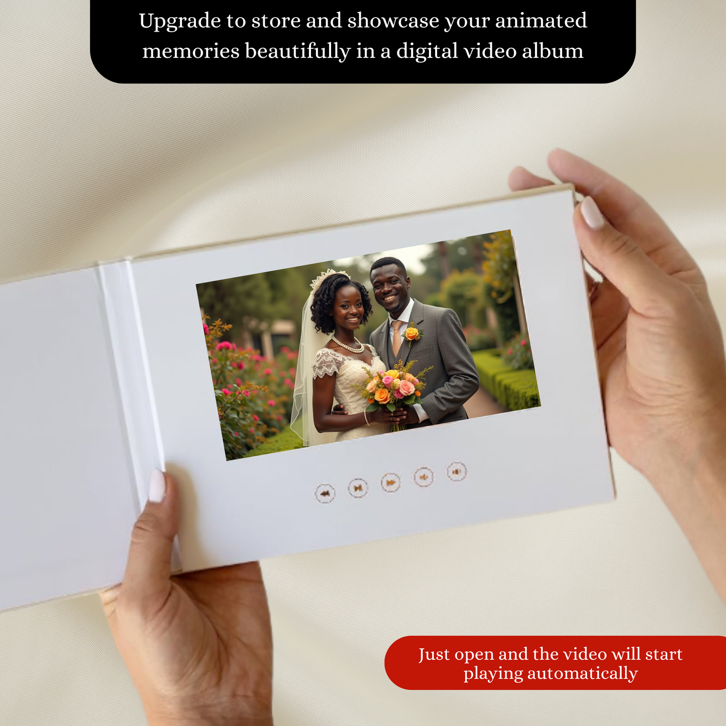 Hands holding a digital video album with embedded screen, displaying an African-American couple. Video-playback icons below. Promotes Photo To Video Keepsakes Gift, enhancing animated memory presentation.