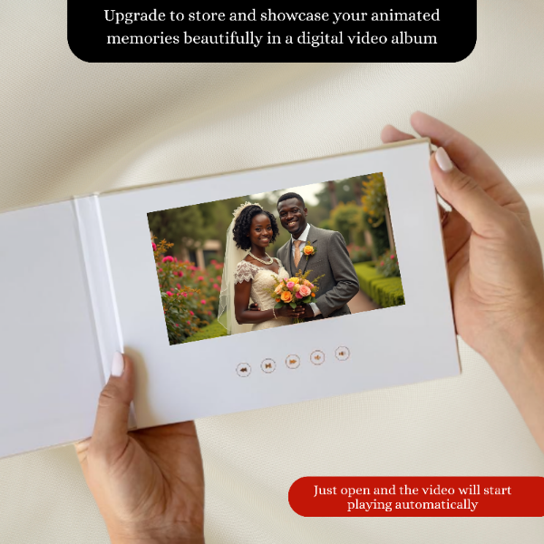 Digital video album showing a wedding portrait on a screen. Features playback controls, offering a modern way to animate old photos into a keepsake video.