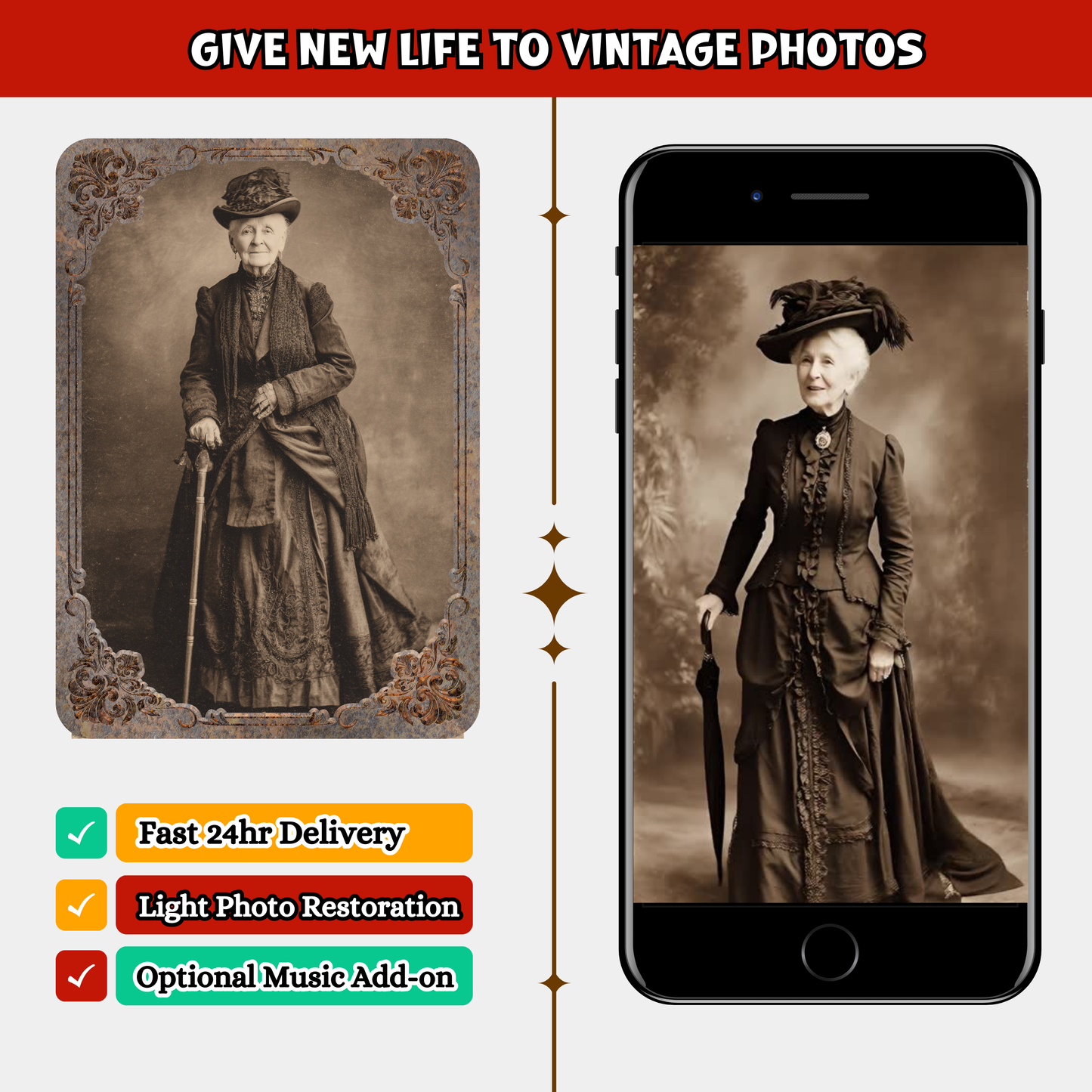 Vintage portrait restoration service mock-up with Photo To Video Keepsakes Gift, showcasing a restored photo on a smartphone and feature highlights like fast delivery and personalization.