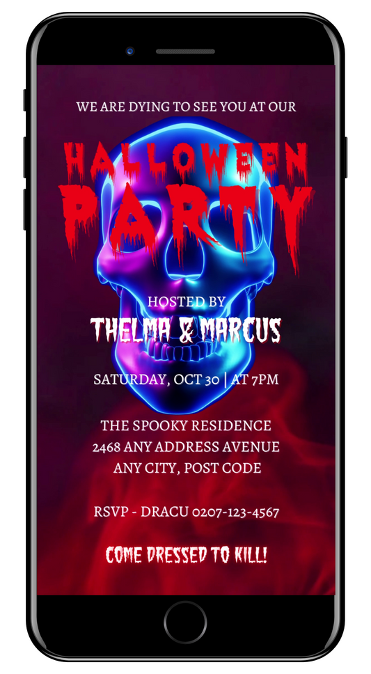 Blue Smoking Neon Skull Halloween Party Video Invite - Spooky Digital Invitation
