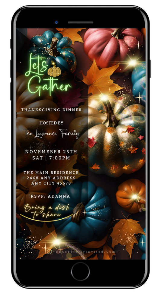 Colourful Pumpkins Glitter Thanksgiving Dinner Video Invite - Festive Digital Invitation