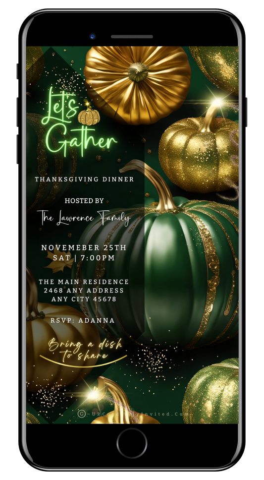 Green Gold Pumpkin Glitter Thanksgiving Dinner Video Invite - Elegant Digital Invitation