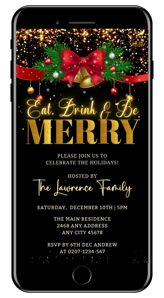 Red Bell Bow Merry Glitter Christmas Party Video Invitation - Festive Digital Invite