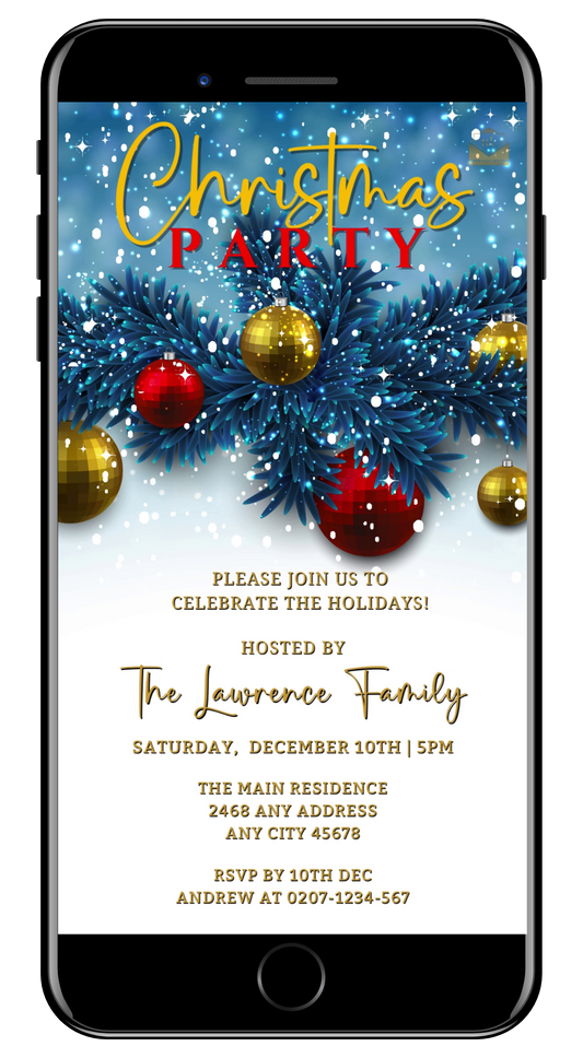 Snowy Elegance Blue Leaves Christmas Party Video Invitation - Sophisticated Digital Invite