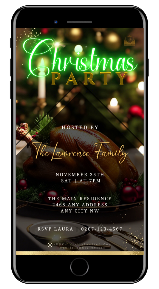 Neon Green Festive Platter Sparkle Christmas Party Video Invitation - Vibrant Digital Invite