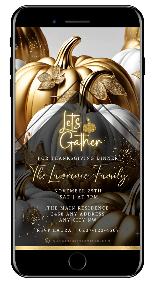 Gold Neon White Pumpkin Thanksgiving Dinner Video Invite - Elegant Digital Invitation