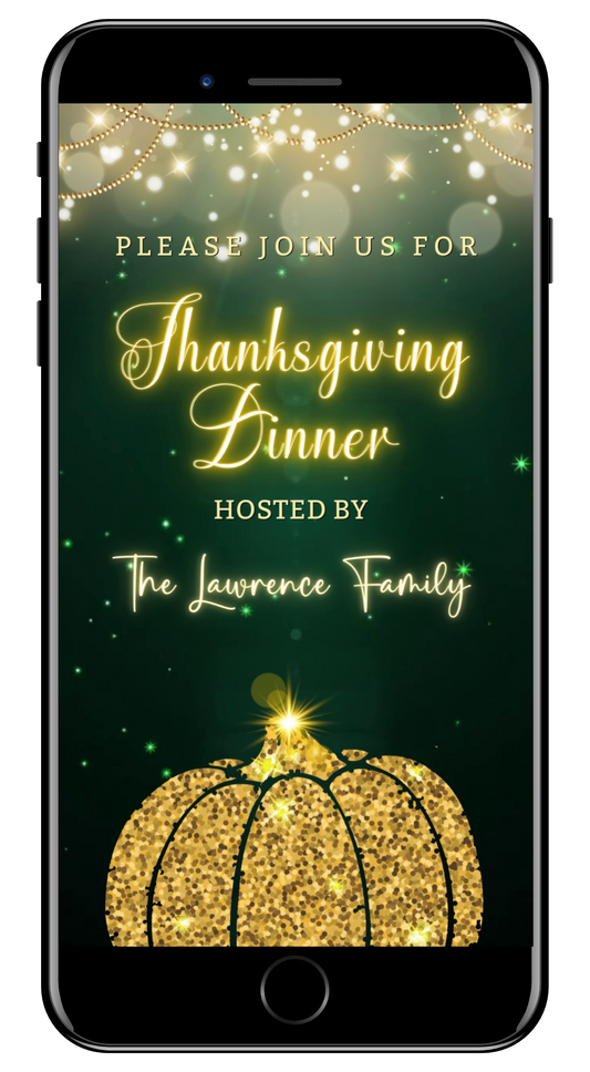 Green Gold Neon Pumpkin Thanksgiving Dinner Video Invitation - Festive Digital Invite