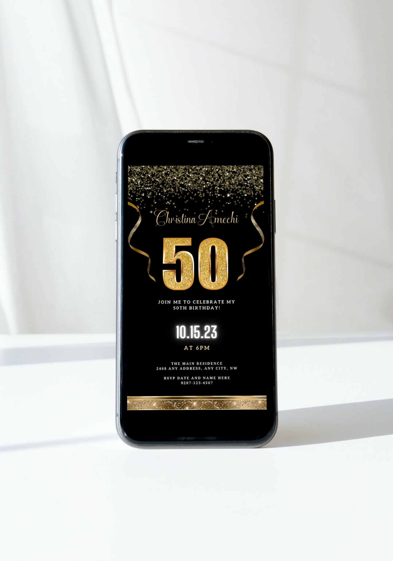 Black Gold Confetti 50th Birthday Evite displayed on a smartphone screen, customizable via Canva for easy personalization and digital sharing.